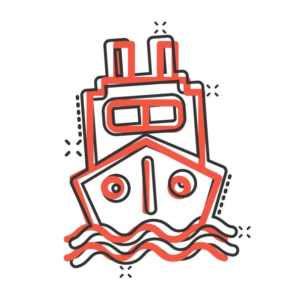漫画风格的旅游船图标。渔船卡通矢量插图在白色孤立的背景。油轮目的地飞溅效应的经营理念。图片下载