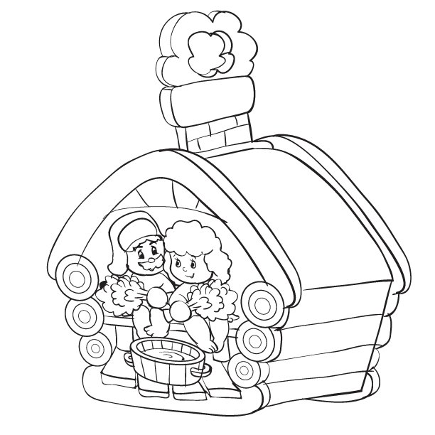 素描卡通插图，装饰浴室小屋与两个人物，着色书，孤立的对象在白色背景，矢量，图片下载