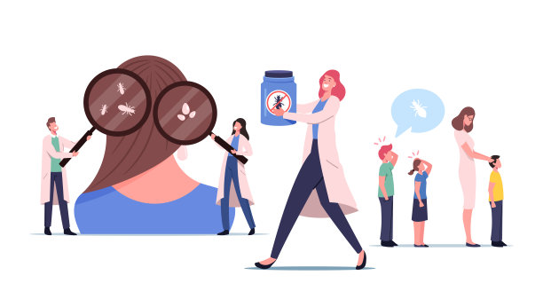 虱子病的概念，小医生的角色寻找虱子在巨大的女性头上。儿科医生检查儿童图片下载