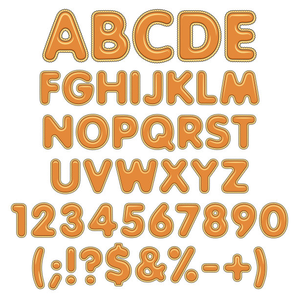南瓜饼字母表，字母，数字和符号。孤立的彩色矢量对象。图片下载