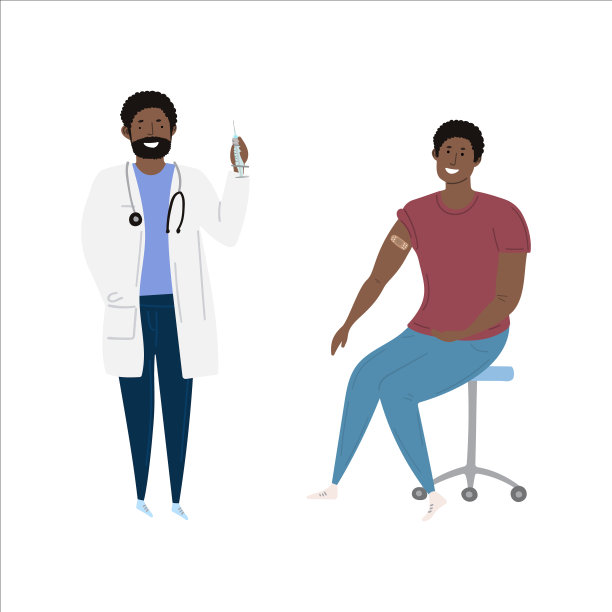 疫苗免疫卡通套手绘黑人或拉丁裔男性医生与注射器和黑人非洲裔美国人或拉丁裔男性病人。图片下载