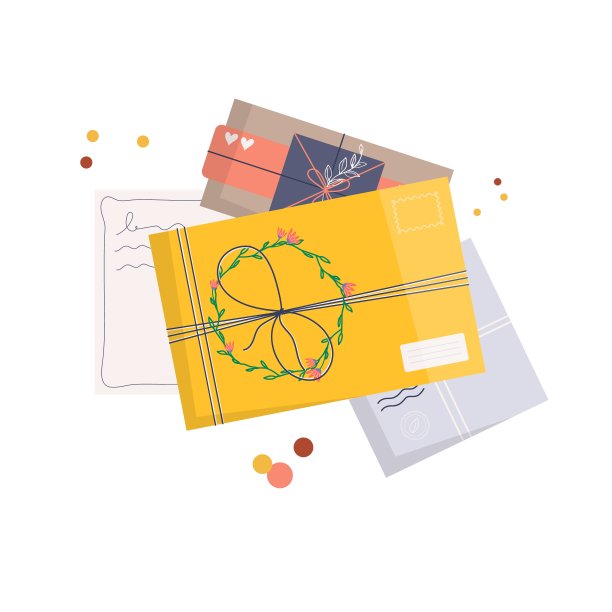一套附有邮票的信封。图标用于投递信件，通过邮政服务的通信。手工制作的礼物或礼物与工艺纸信，丝带，树枝和装饰元素。平面向量图片下载