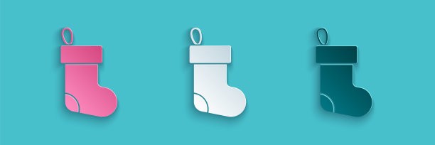 剪纸圣诞袜图标，蓝色背景。圣诞快乐，新年快乐。矢量素材图片下载