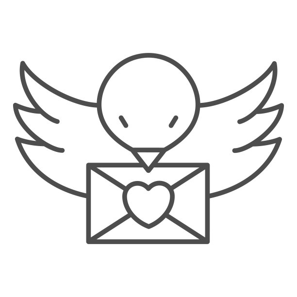 鸟携带情书细线图标，情人节概念，鸽子与信封签名在白色的背景，鸟与爱的信息图标轮廓风格的移动和网络。矢量图形。图片下载