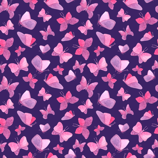 水彩无缝图案与粉红蝴蝶。手绘仙子蝴蝶纹理在黑暗的背景。浪漫的情人节设计，纺织品，卡片，装饰。图片下载