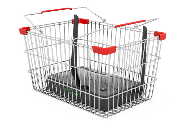 带路由器的购物篮，在白色背景上独立的3D渲染图片下载