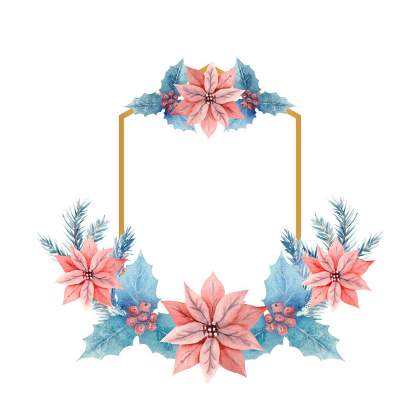 冬青、浆果和一品红花在一个矩形的垂直框架里的冬季水彩画。手绘插图。用于请柬、贺卡、印刷品、海报、广告图片下载