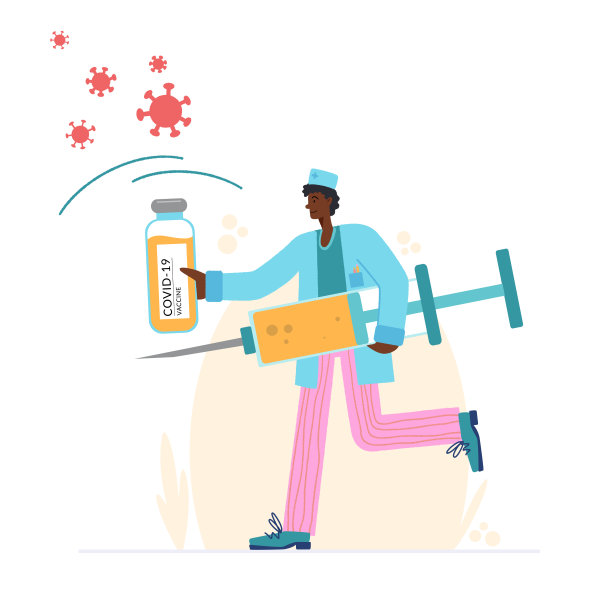 COVID-19病毒疫苗。预防注射、免疫。冠状病毒感染治疗。一个拿着大注射器和病毒疫苗的黑人医生正在工作。图片下载