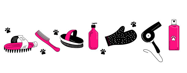 为狗的皮毛和指甲护理的修饰工具。矢量设置在涂鸦风格。魅力兽医设备。梳理和洗涤。网上宠物店。家畜的货物。图片下载