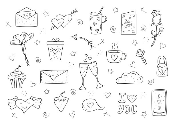 黑色矢量项目，设置情人节和婚礼图标涂鸦。设计印刷，卡片和着色页。图片下载