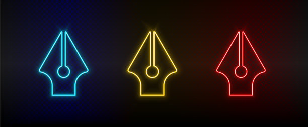 霓虹灯、书法、水墨笔。一套红色，蓝色，黄色霓虹灯矢量图标图片下载