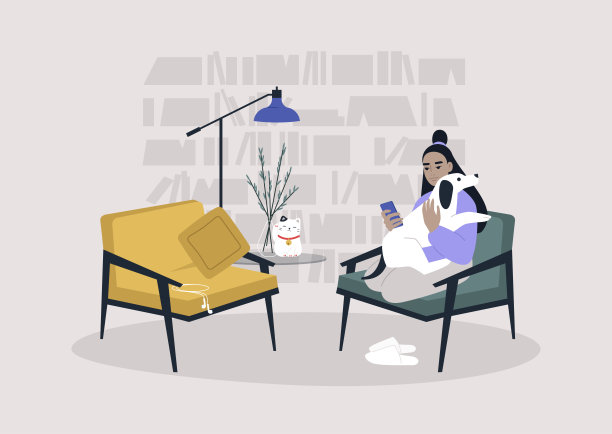 年轻的亚洲女性角色和一只狗坐在客厅里，舒适的封闭生活方式，呆在家里的概念图片下载