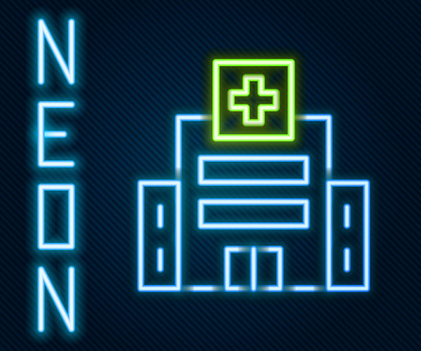 发光的霓虹线医院建筑与十字图标孤立在黑色背景。医疗中心。卫生保健。色彩斑斓的轮廓的概念。向量图片下载