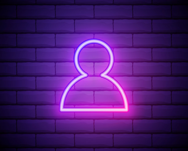 头像，轮廓粉霓虹图标。砖墙背景。彩色霓虹灯矢量图标。图片下载