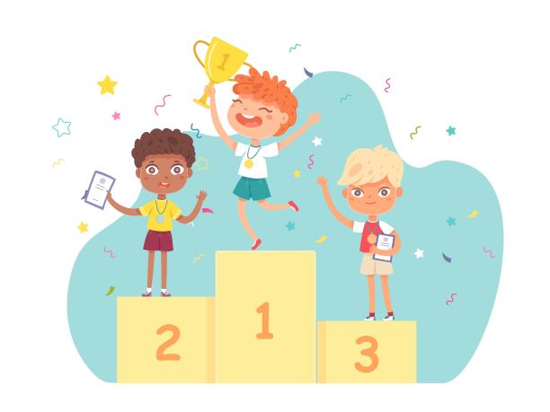 孩子们在比赛后登上领奖台。带着毕业证书和奖章的快乐男孩。学校成就与成功矢量说明。胜利者在台上，用奖励来庆祝图片下载