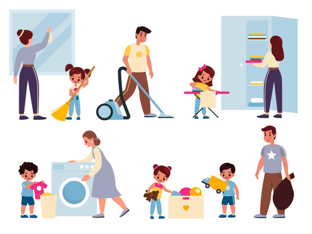 家庭做家务。父母和年轻助手打扫公寓，父母和女儿和儿子打扫，人们洗衣服，熨烫和吸尘。家务杂务向量集图片下载