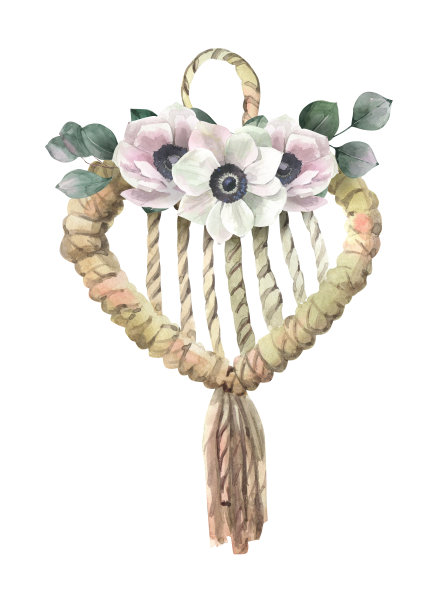 水彩心形流苏和银莲花。完美的邀请，卡片和社交媒体。情人节。图片下载