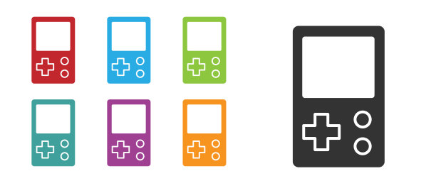 黑色便携式俄罗斯方块电子游戏图标孤立的白色背景。复古风格口袋砖游戏。互动游戏设备。设置图标丰富多彩。向量图片下载