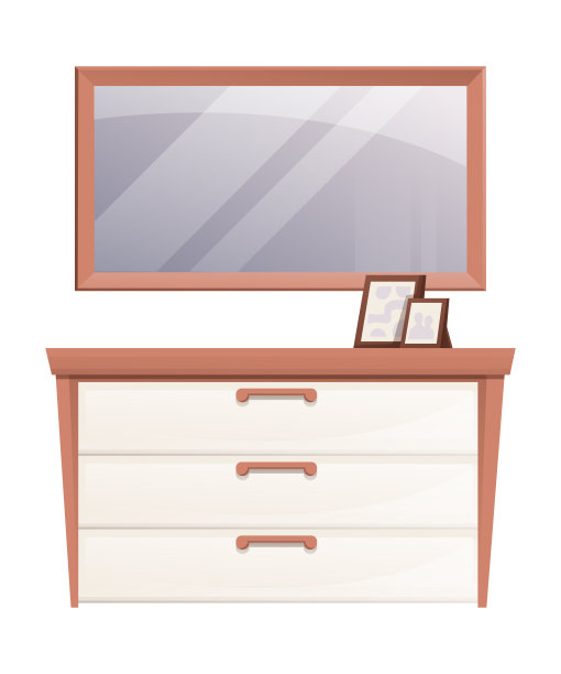 镜子，有抽屉的橱柜，还有画框。家庭室内设计元素孤立的白色背景。门厅房间现代木制家具在房子矢量插图图片下载