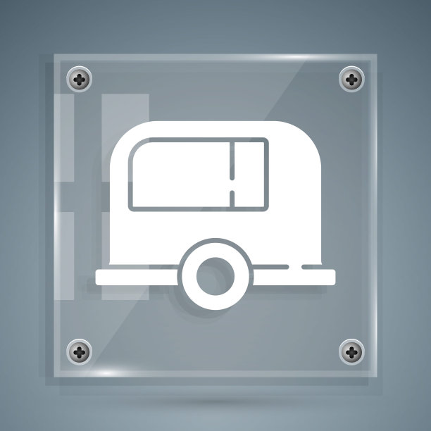 白色房车露营拖车图标孤立在灰色背景。旅行房车，旅行房车，旅行房车。方形玻璃面板。向量图片下载