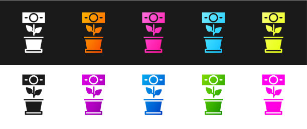 在黑色和白色背景上隔离的花盆图标中设置金钱植物。企业投资增长理念。储蓄和投资。向量图片下载