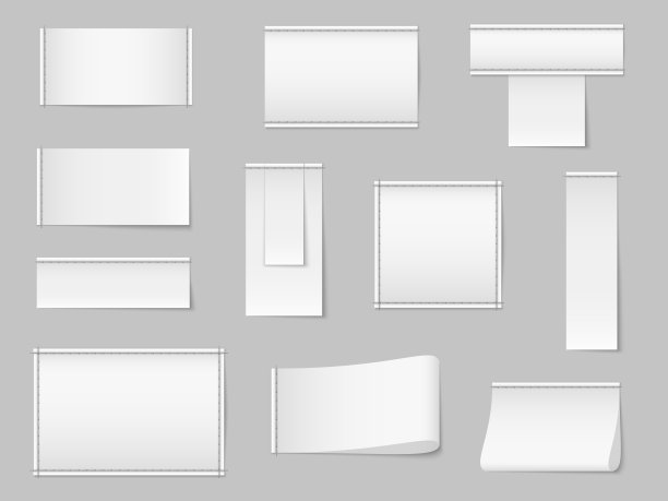 纺织品空白白色标签。逼真的织物服装贴纸，衣服干净缝合标签模板与接缝。3d空方块为品牌，复制空间为标志矢量模型集图片下载