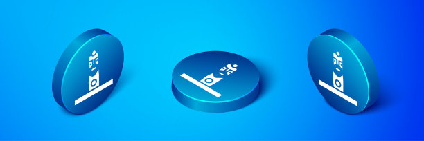 等距斯拉夫异教偶像孤立在蓝色背景。古董仪式木制偶像。蓝色圆按钮。向量图片下载