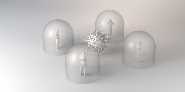 人们被保护在玻璃罩里免受病毒感染。3 d演示。图片下载