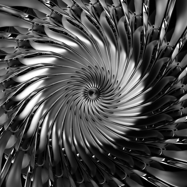 3d黑白单色抽象艺术3d背景，部分超现实对称异形螺旋花基于分形扭曲结构的曲线生物有机形式，在哑光银色和铝金属材料图片下载