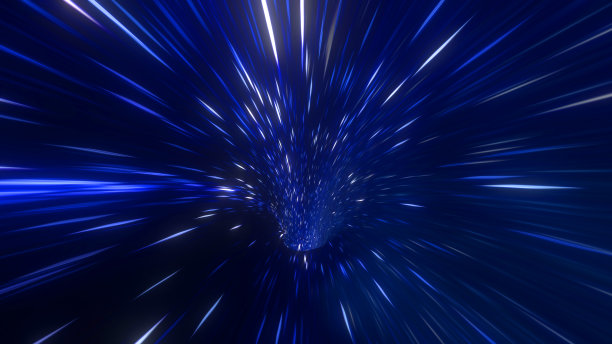 穿越时空的虫洞，穿越科幻小说的时空。在超空间中，恒星之间的抽象跳跃。数据隧道穿梭。蓝色紫色的色彩。三维渲染图片下载