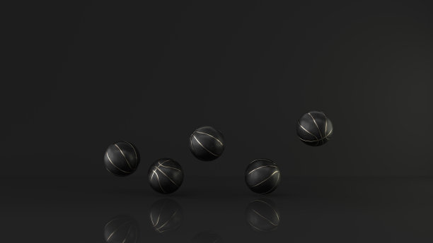 黑色篮球与金色金属线设计在黑暗的背景。未来体育的概念。交替跌倒在地板上。前视图。三维渲染图片下载