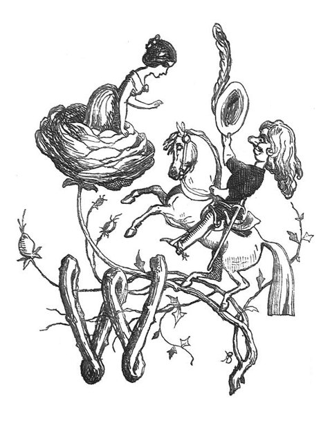 英国讽刺漫画漫画插图-男人在马背上看着一个女人站在一朵花图片下载