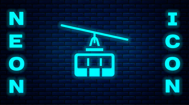 霓虹灯缆车图标孤立在砖墙背景上。缆索的迹象。向量图片下载