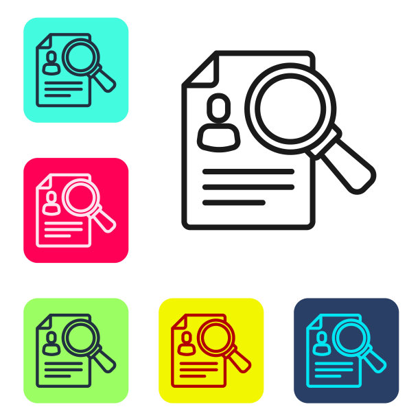 黑线文件，纸张分析放大镜图标孤立在白色背景上。证据的象征。设置图标的颜色方形按钮。向量图片下载