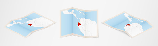 三种不同版本的折叠厄瓜多尔地图。图片下载