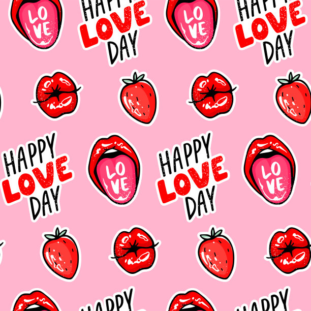 矢量无缝图案与性感的红唇，草莓，吻。舌头伸出来。祝你爱情日快乐。女美丽的嘴重复背景。图片下载