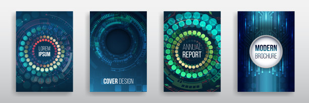 矢量模板的宣传册或封面与高科技元素的背景。蓝色布局的未来主义小册子，传单，海报。当代科学与数字技术概念。图片下载