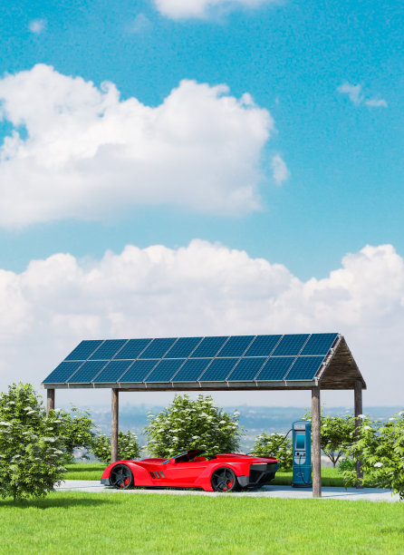 用太阳能电池板为电动汽车充电图片下载