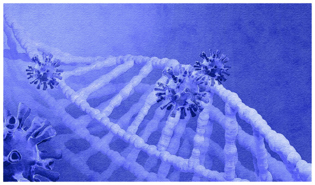 应用了水彩滤镜的DNA/RNA链和COVID-19病毒3D渲染图片下载