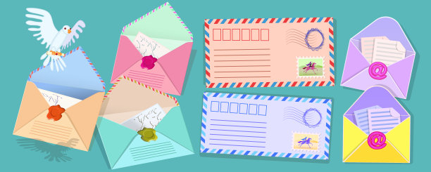 信封、邮票、电子邮件。邮件和信封的演变。从古代到电子。图片下载