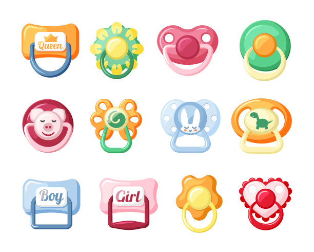 婴儿奶嘴。红色与可爱的猪头和蓝色与铭文男孩和女孩黄色在棉被形成洋甘菊橙色与欢快的硅胶恐龙。卡通向量冷静。图片下载