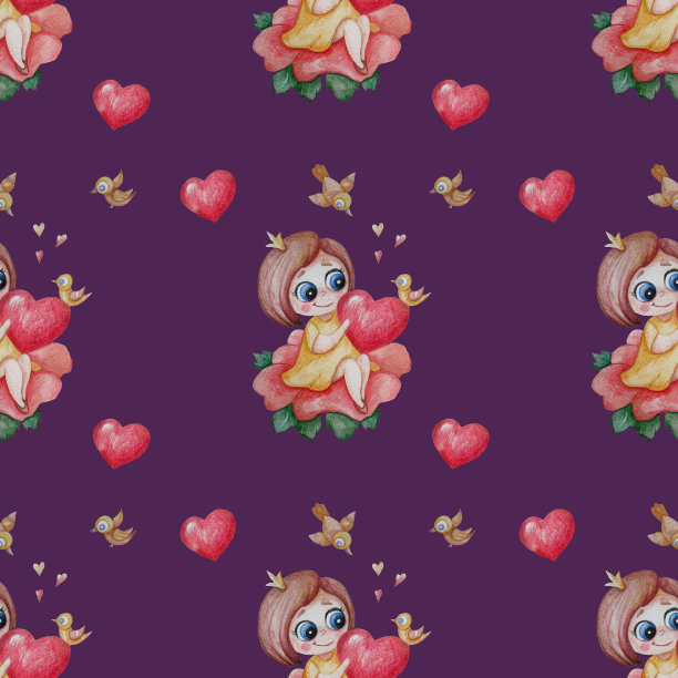 无缝模式。一个梳着发型的可爱小公主坐在一朵花上，手里拿着一颗大大的心，背景是紫红色的心和鸟。水彩图片下载
