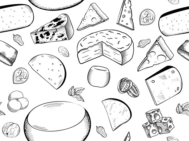 奶酪设置模式手绘矢量插图图片下载