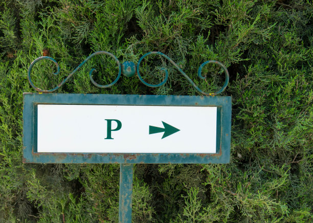 停车标志与字母P和右箭头与华丽的框架前面的灌木丛图片下载