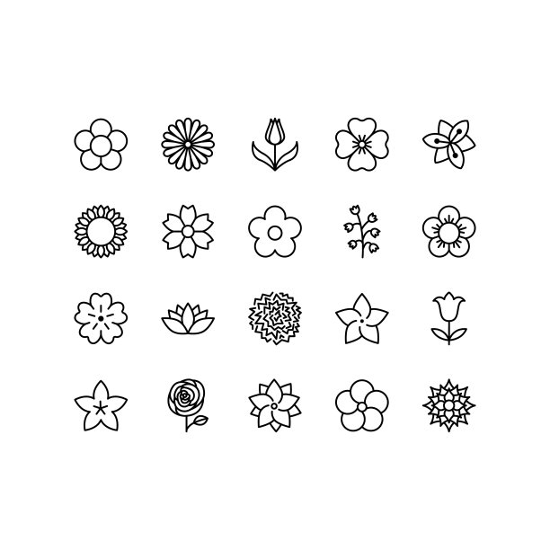 花线图标设置。美丽的花园植物-郁金香，洋甘菊，向日葵，玫瑰，康乃馨。图标隔离在白色背景，为网站和应用程序。可编辑的笔触图片下载