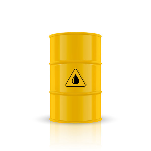矢量3d现实插图。黄色简单光泽搪瓷金属油，燃料，汽油桶与黑色滴油标志。白色隔离模型的包装设计模板。前视图图片下载