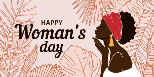 抽象女性头像。美丽的非洲裔美国人，背景是一片大的热带树叶。现代设计情人节，国际妇女节，母亲节。图片下载