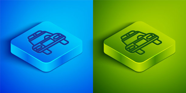 等距线警车和警察闪烁图标隔离在蓝色和绿色背景。紧急闪光警报。方形按钮。向量图片下载