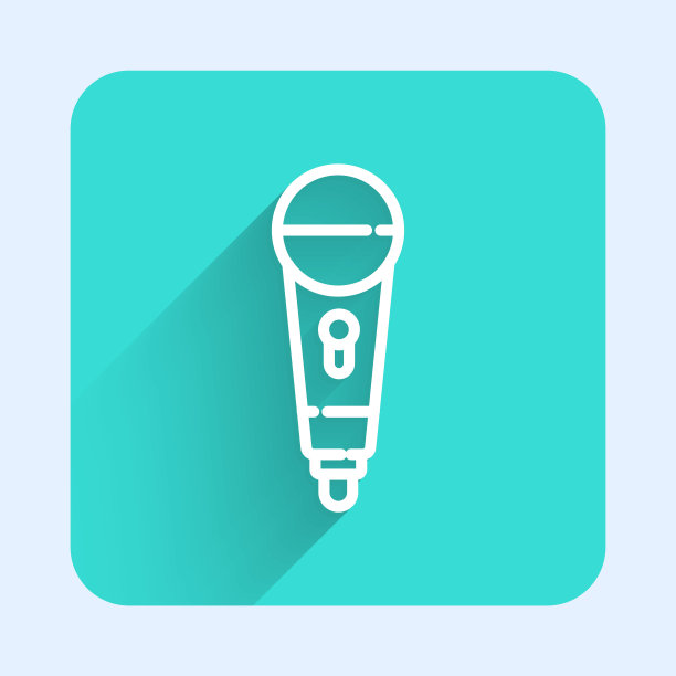 白线麦克风图标与长阴影隔离。在空中无线电麦克风麦克风。演讲者的迹象。绿色广场按钮。向量图片下载