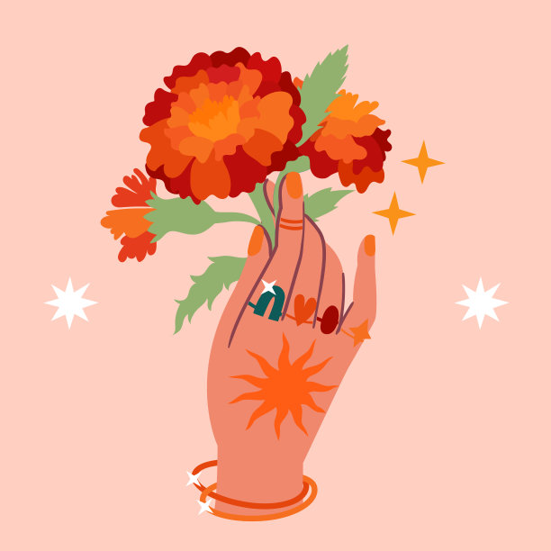 当代唯美的波西背景与优雅温柔的女性手捧一束或一束盛开的金盏花。夏天的礼物。古典艺术。复古的风格图片下载